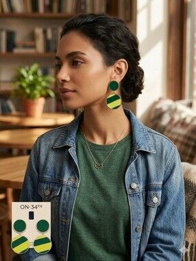 ON·34TH Green and Lime Stripe Drop Earrings